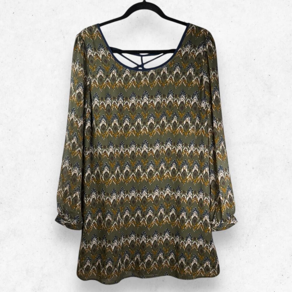 Junior LOB Boho-Chic Tunic Women's M Crisscross Back Green Pattern Granny Core